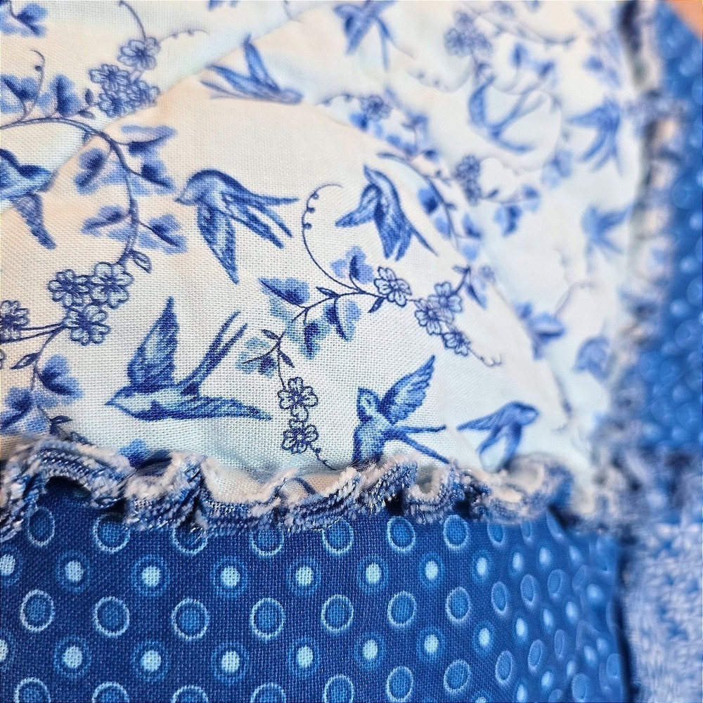 Handmade Blue Rag Quilt Throw Blanket Floral Patchwork Cottage Farmhouse 60x47 - Picture 5 of 9